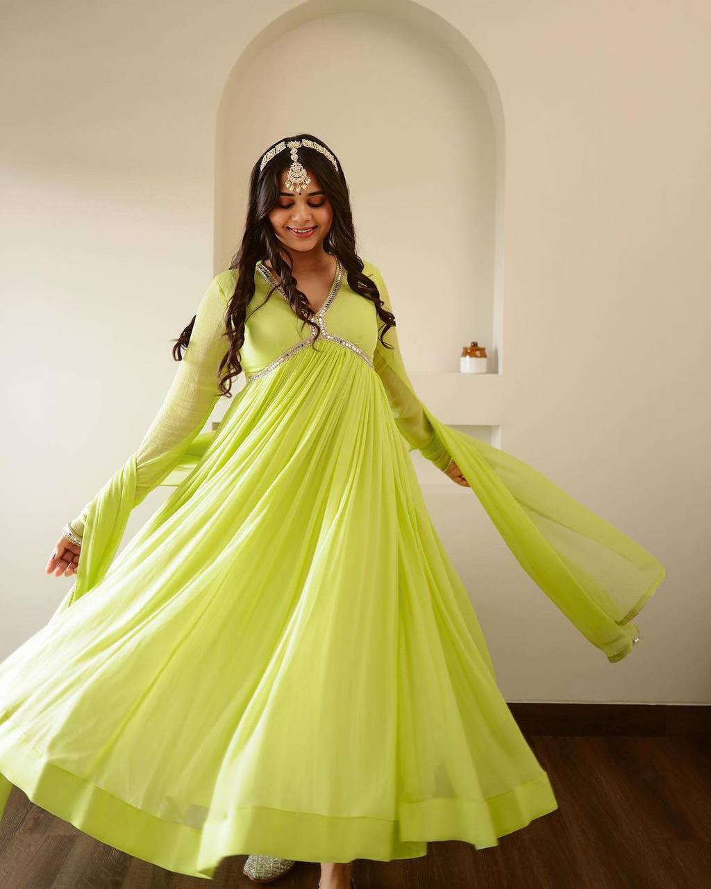 Green Perrot Colour Attractive Party Wear gorget with Original Mirror Gown has a Regular-fit and is Made From High-Grade Fabrics And Yarn.G-36