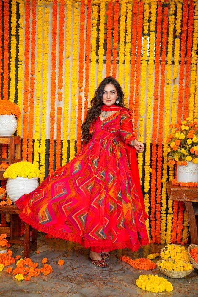 Red Colour Attractive Party Wear Chiffon with Printed Gown Has a Regular-fit and is Made From High-Grade Fabrics And Yarn.G34
