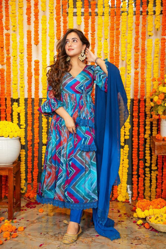 Blue Colour Attractive Party Wear Chiffon with Printed Gown has a Regular-fit and is Made From High-Grade Fabrics And Yarn.G33