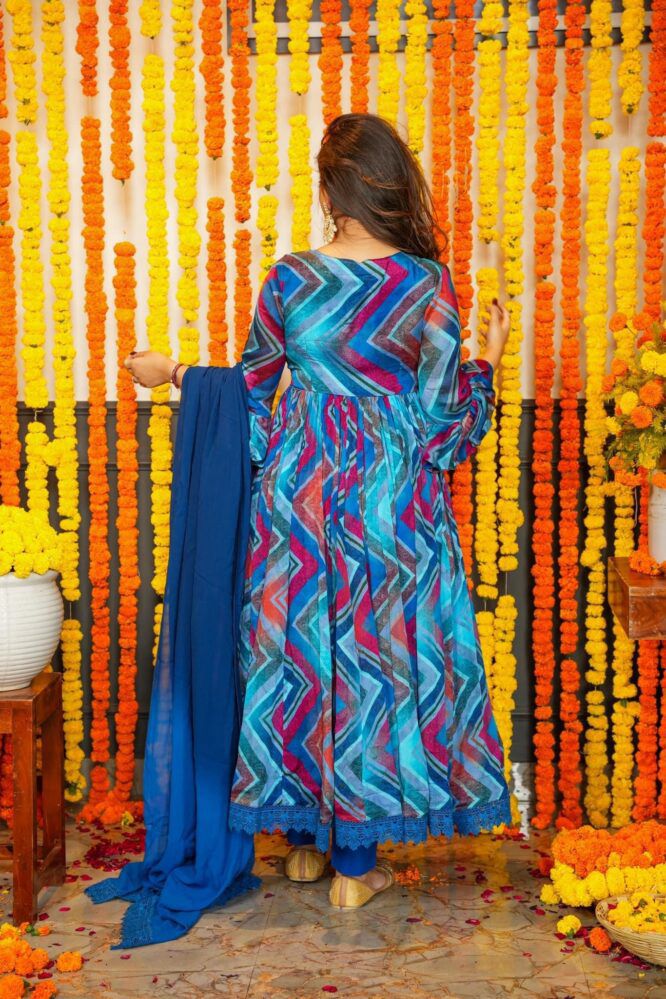 Blue Colour Attractive Party Wear Chiffon with Printed Gown has a Regular-fit and is Made From High-Grade Fabrics And Yarn.G33