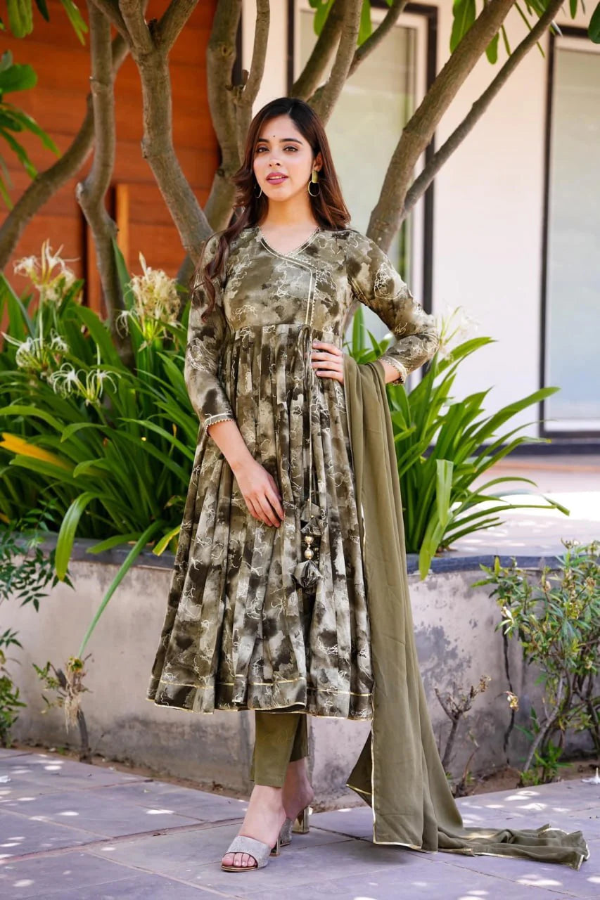 Khakhi Green Colour ANARKALI SUIT SET 3-PAIR CODE/ TD-109