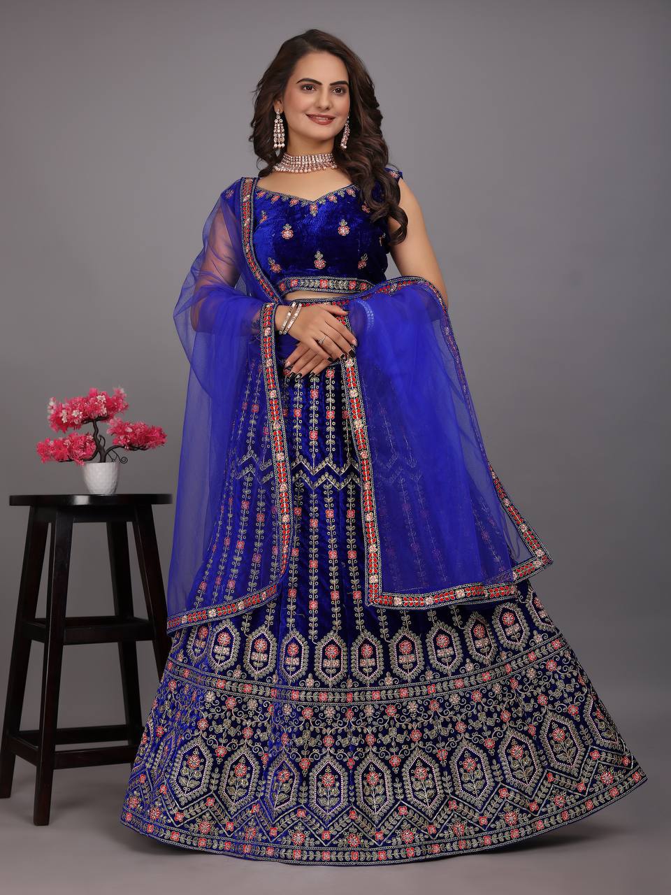 Navy Blue Colour Embroidered Attractive Party Wear Velvet Lehenga choli has a Regular-fit and is Made From High-Grade Fabrics And Yarn.L48