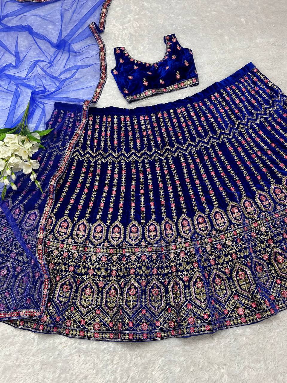 Navy Blue Colour Embroidered Attractive Party Wear Velvet Lehenga choli has a Regular-fit and is Made From High-Grade Fabrics And Yarn.L48