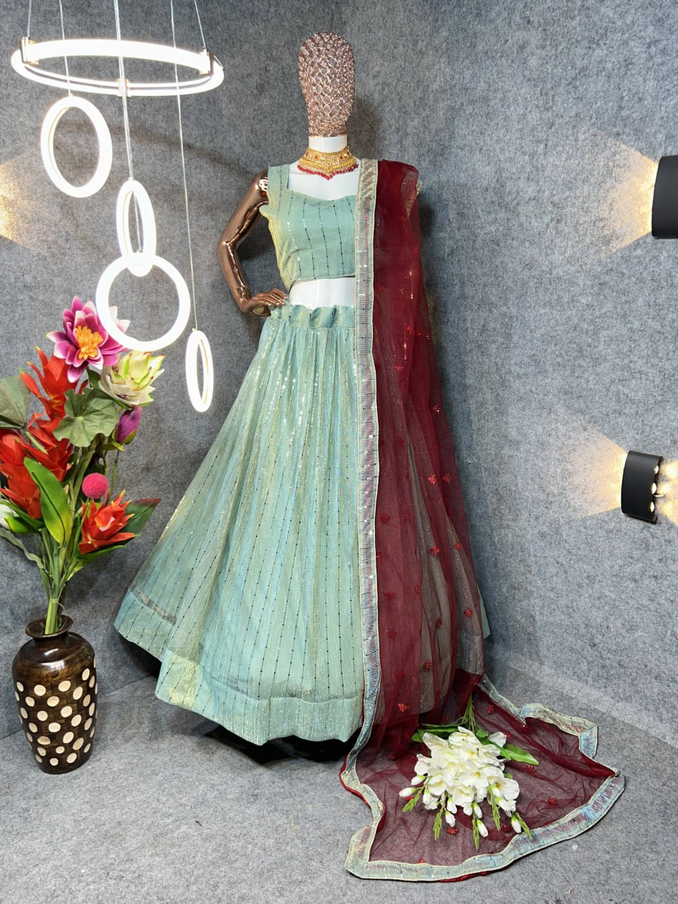 4- Color Attractive Party Wear Fashionable moonlight metallic knit pleated organza crushed fabric for dresses pleated glitter fabric Lehenga choli has a Regular-fit and is Made From High-Grade Fabrics And Yarn.